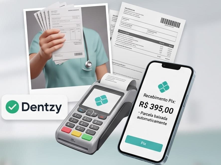 Boletos e maquininha ao lado do celular com o aviso de Pix de R$ 395,00 recebido e parcela baixada